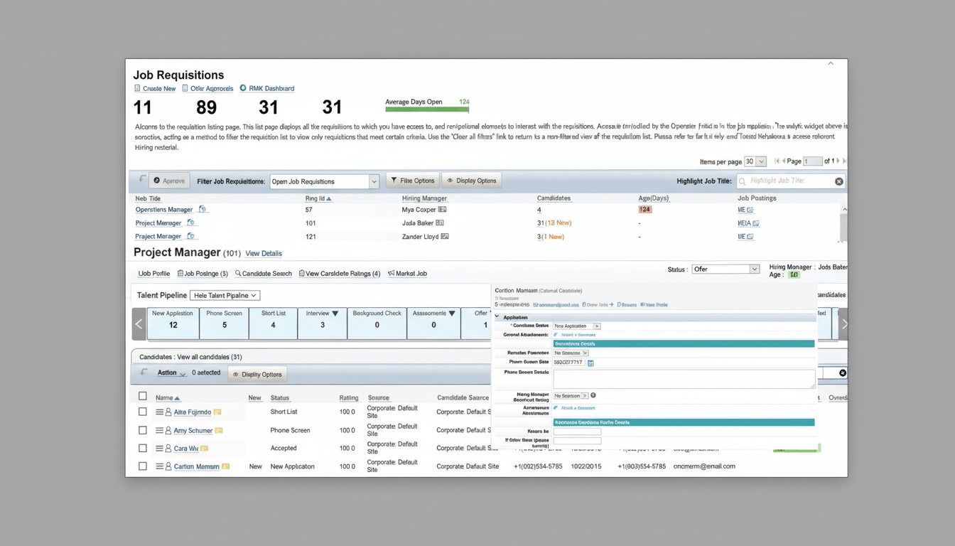 Screenshot of a job requis itions software interface, showing listings , candidate details , and navigation options. Filename : jobrequis itionsinterface .png