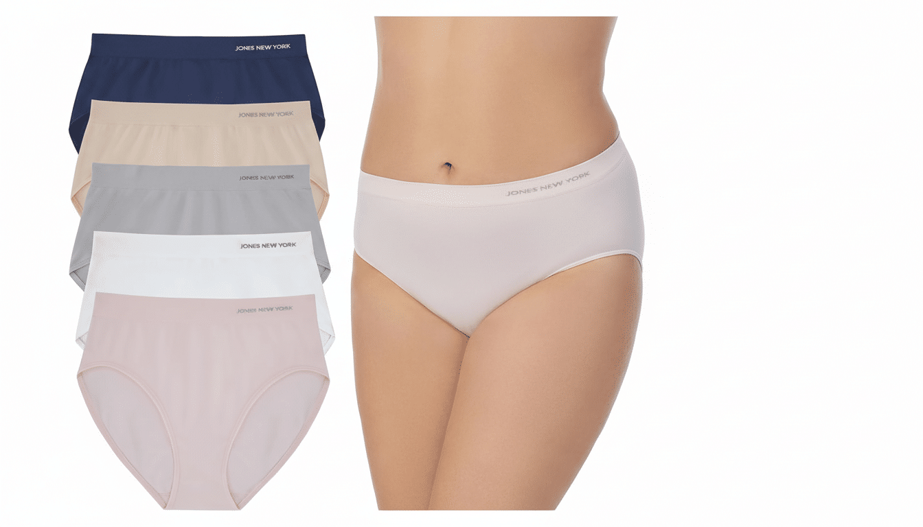 Five pairs of Jones New York women's underwear in navy, beige , grey, white , and pink, with one beige pair shown on a mannequin 's lower torso .
