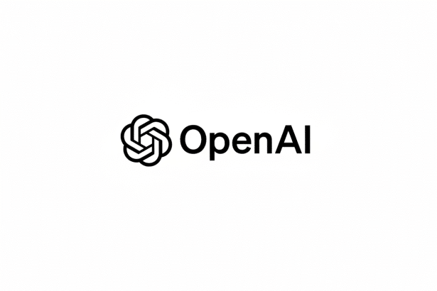 The OpenAI logo, featuring a black geometric emblem resembling a knot or brain -like structure, next to the word OpenAI in black sans- serif font, all centered on a clean white background with a 16 :9 aspect ratio .