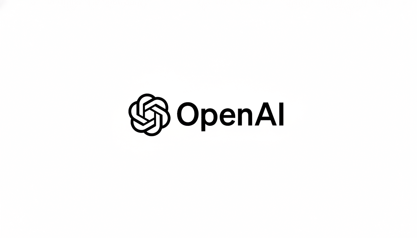 The OpenAI logo, featuring a black geometric emblem resembling a knot or brain -like structure, next to the word OpenAI in black sans- serif font, all centered on a clean white background with a 16 :9 aspect ratio .