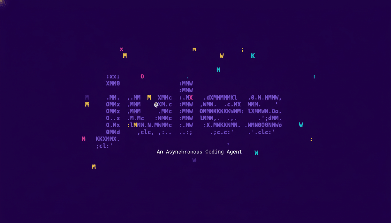 A dark purple background with various colored letters and symbols scattered across it, resembling code. In the center, white text reads An Asynchronou