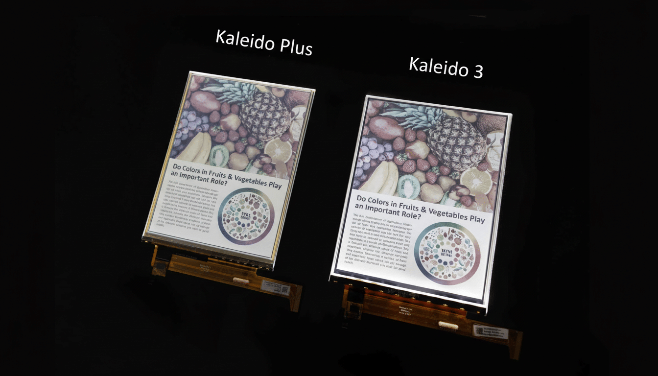 A professional comparison of two Kaleido e -paper displays, Kaleido Plus and Kaleido 3, both showcasing a vibrant image of fruits and vegetables on a
