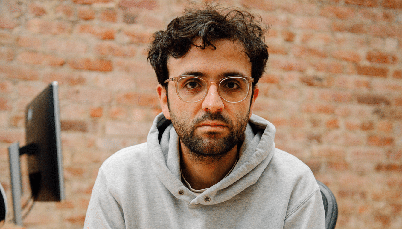 A man with glasses and a beard wearing a grey hoodie, looking directly at the camera with a brick wall in the background.