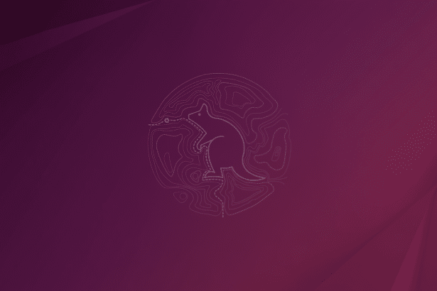 A minimalist line art illustration of a kangaroo- like animal with a detailed outline , centered within a circular, abstract topographic map pattern . The entire design is set against a dark purple and maroon gradient background with subtle , angular geometric shapes in the corners , creating a clean and professional aesthetic .