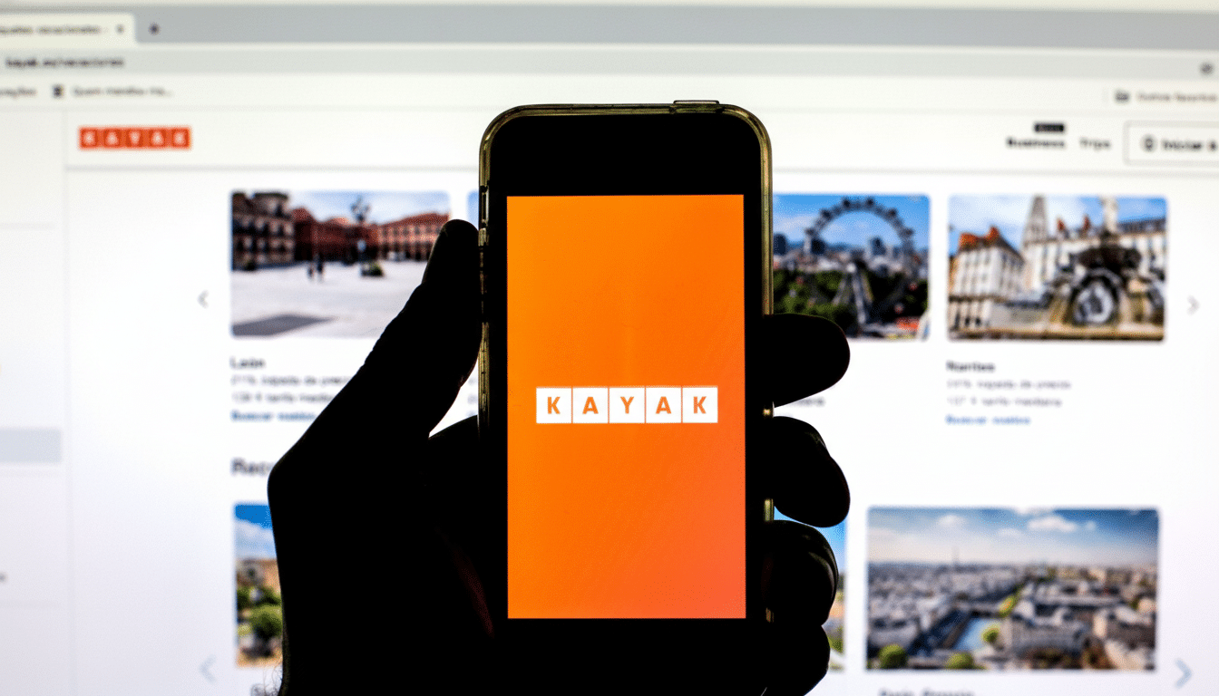 A hand holding a smartphone displaying the Kayak app logo against a blurred background of travel website results.