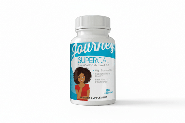 A white bottle of Journey SuperCal dietary supplement with a light gray background, resized to a 16: 9 aspect ratio.