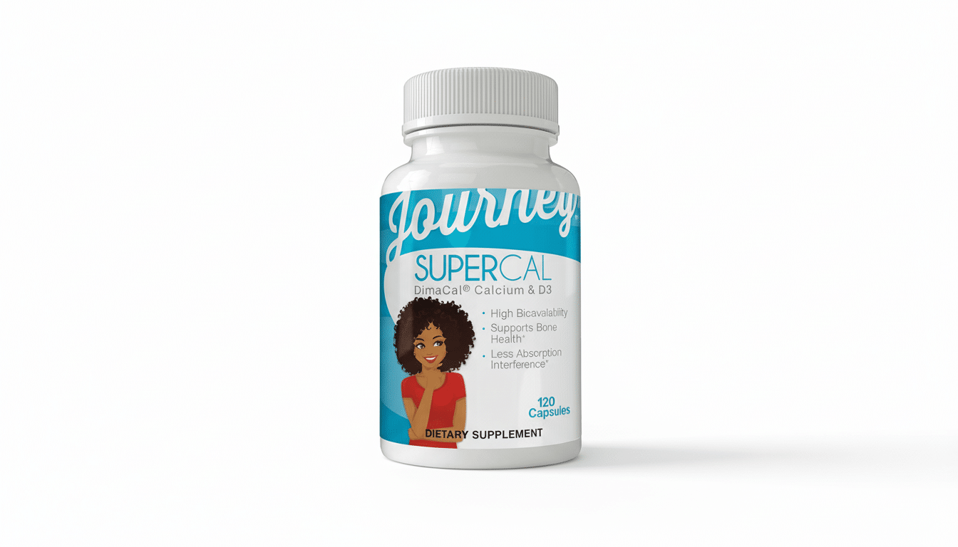 A white bottle of Journey SuperCal dietary supplement with a light gray background, resized to a 16: 9 aspect ratio.