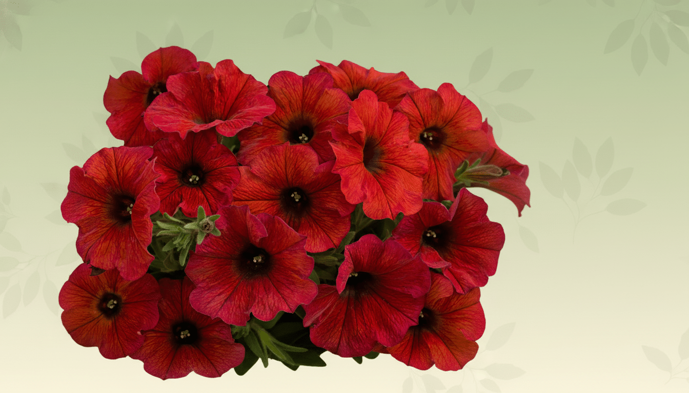 A cluster of deep red petunias with dark centers, set against a professional soft green gradient background with subtle leaf patterns, resized to a 1