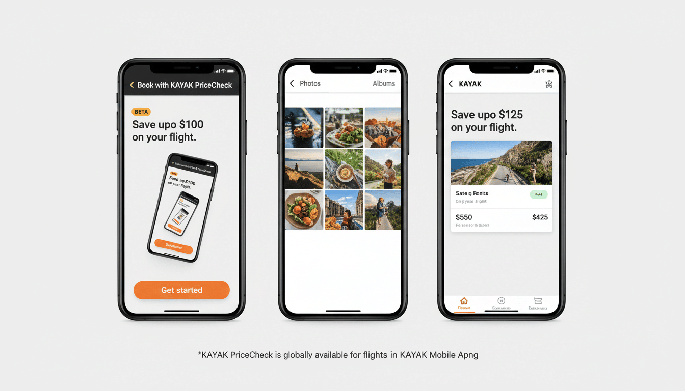 A professional 16:9 image showing three smartphone screens displaying the KAYAK PriceCheck app. The left screen promotes saving money on flights, the middle screen shows a photo gallery interface , and the right screen details flight price comparisons.
