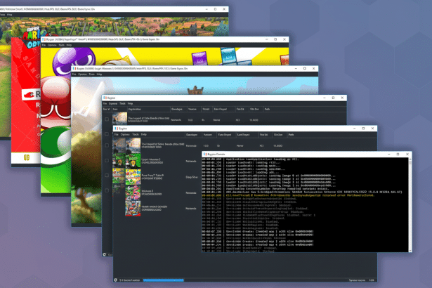 Several emulator windows are open, displaying various Nintendo game titles and system information.