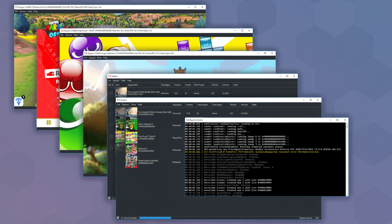 Several emulator windows are open, displaying various Nintendo game titles and system information.