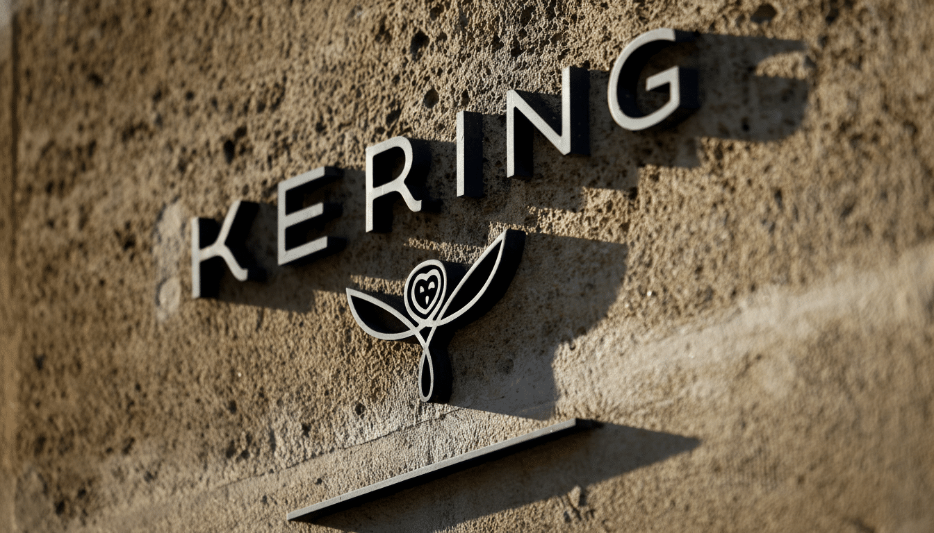 The Kering logo and name in raised, dark lettering on a textured, light brown stone wall, illuminated by sunlight casting shadows.