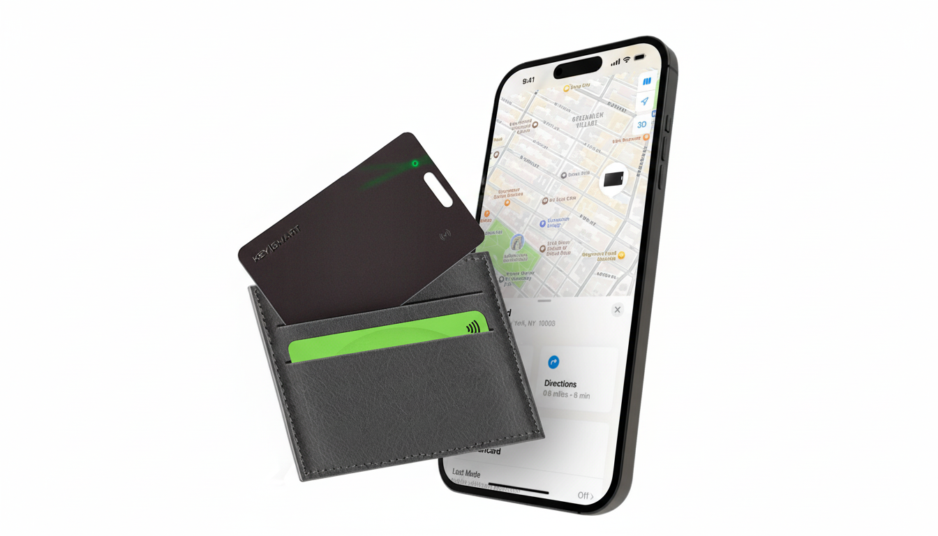 A black KeySmart card partially inserted into a gray wallet, with a green card visible in another slot, next to an iPhone displaying a map of Greenwich Village.