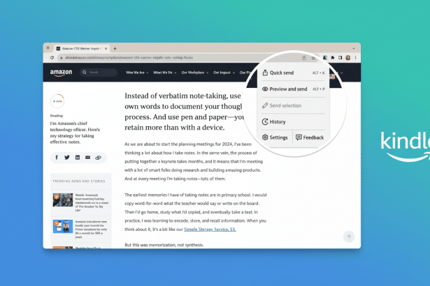 Screenshot of an Amazon article in a web browser, with the Kindle logo on a plain background next to it.