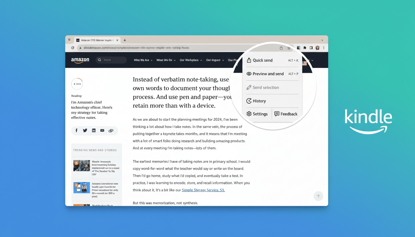 Screenshot of an Amazon article in a web browser, with the Kindle logo on a plain background next to it.
