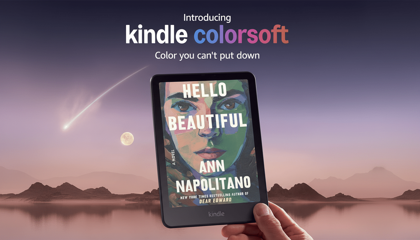 A hand holds a Kindle Color soft e-reader displaying the cover of Hello Beautiful by Ann Napolitano , set against a background of mountains, a lake , a moon , and a shooting star under a gradient sky. Filename : kindlecolor softhello beautiful.png