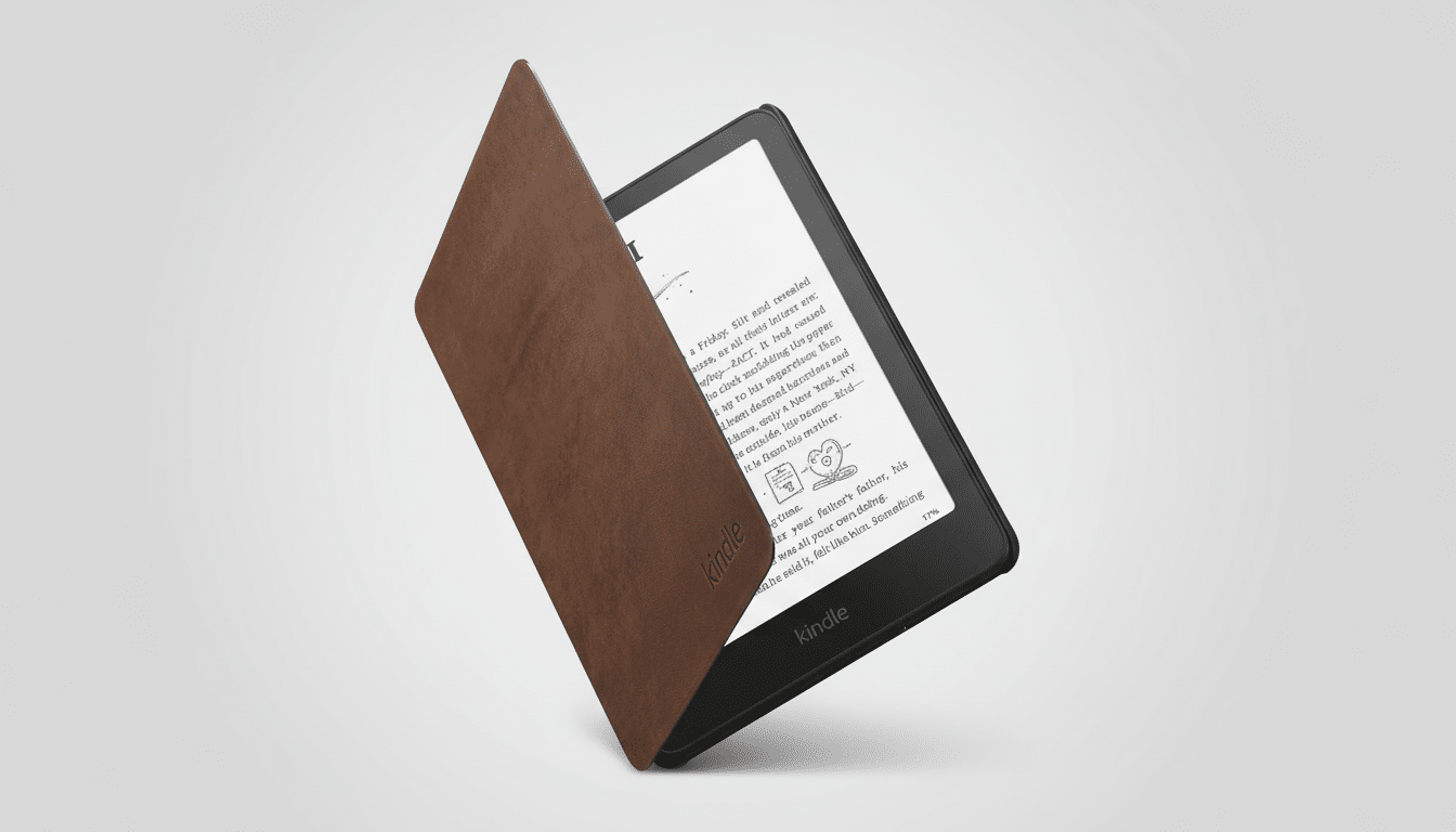 A professional shot of a black Kindle e -reader with a brown, open cover , set against a light gray gradient background. The screen displays text and the Kindle logo, with the device tilted slightly to the right. Filename : kindlee - readerbrown cover.png