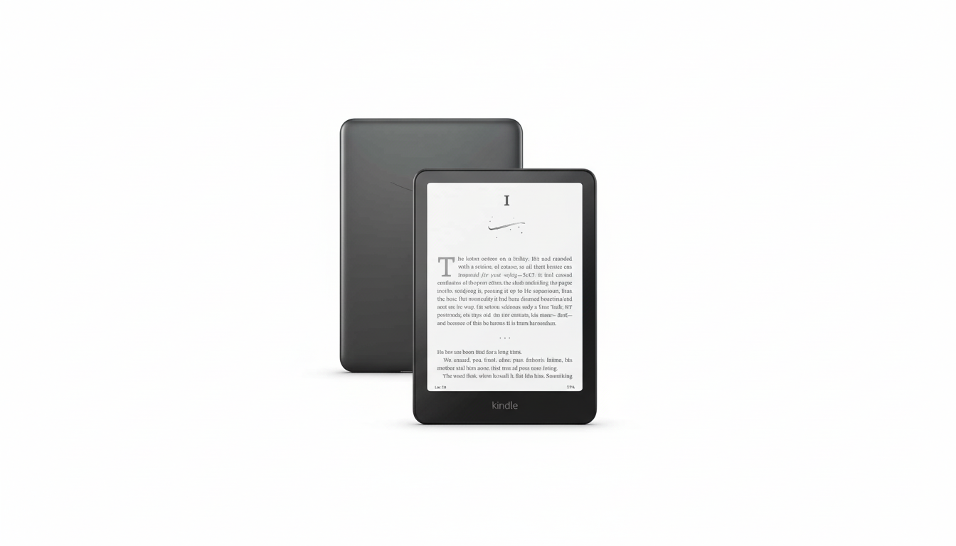 Two Amazon Kindle e -readers, one in the foreground showing a page of text and the other in the background , on a white surface .