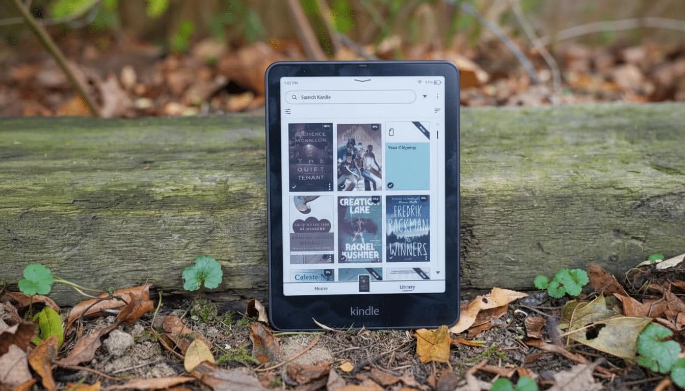 A Kindle e -reader displaying a library of books, resting on a moss -covered log with fallen leaves around it .