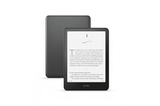 A black Kindle e -reader displaying text on a white screen , positioned in front of another black Kindle e- reader, all on a simple white background. Filename : black kindle e- readers. png