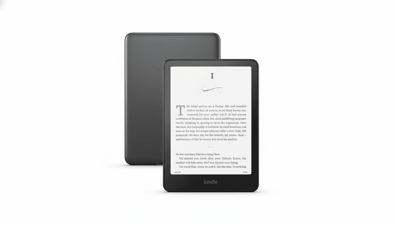 A black Kindle e -reader displaying text on a white screen , positioned in front of another black Kindle e- reader, all on a simple white background. Filename : black kindle e- readers. png
