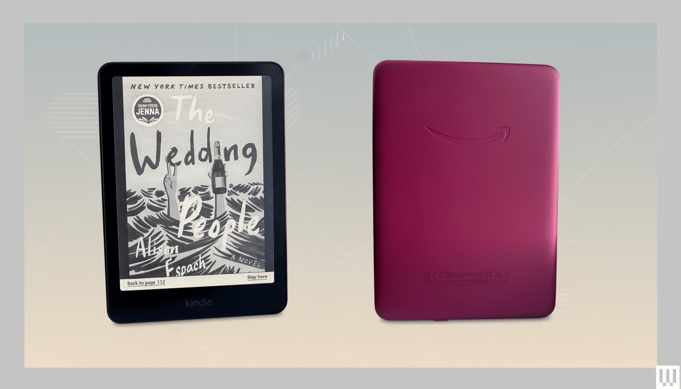 A front and back view of a pink Kindle e -reader, presented side -by-side with a professional flat design background in a 16: 9 aspect ratio. The front displays the cover of ' The Wedding People' by Alison Espach , while the back shows the Amazon logo and regulatory text .