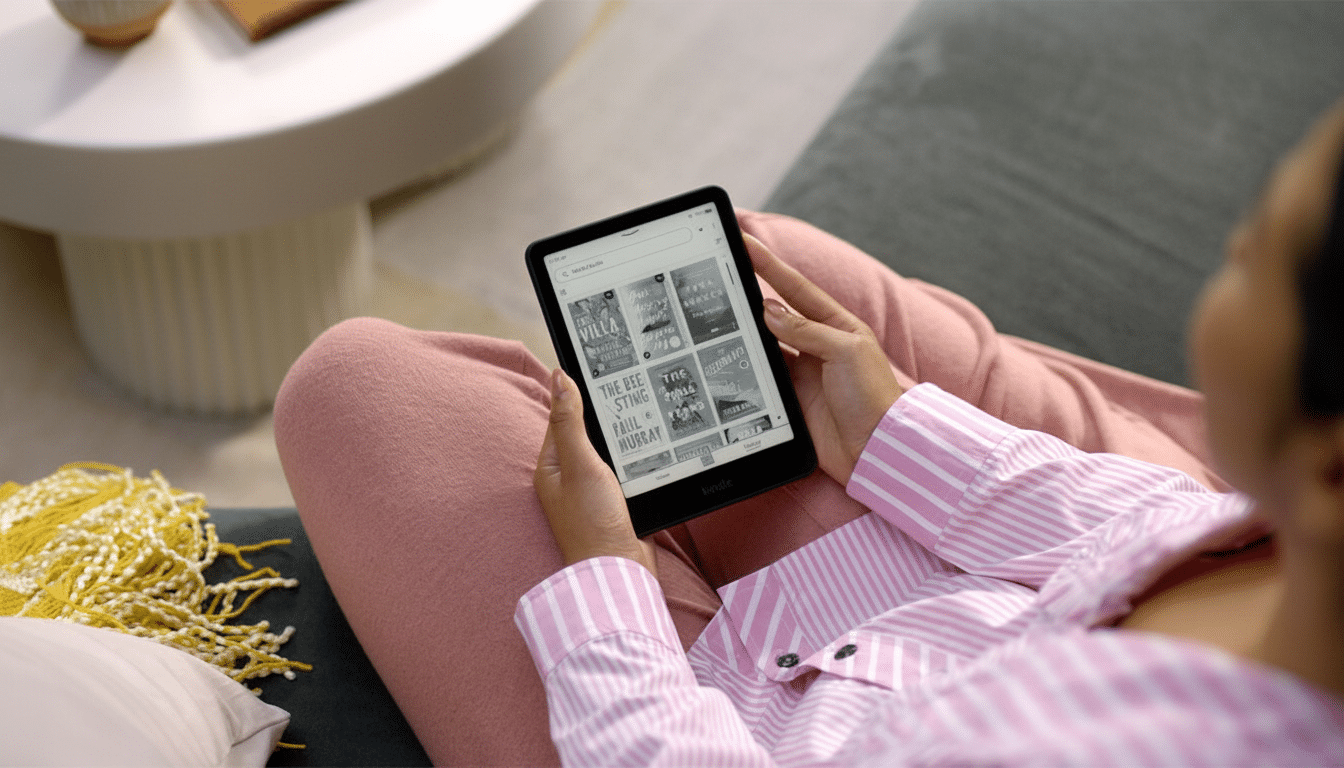 A person in a pink striped shirt and pink pants holding a Kindle device , displaying various book covers , in a living room setting.