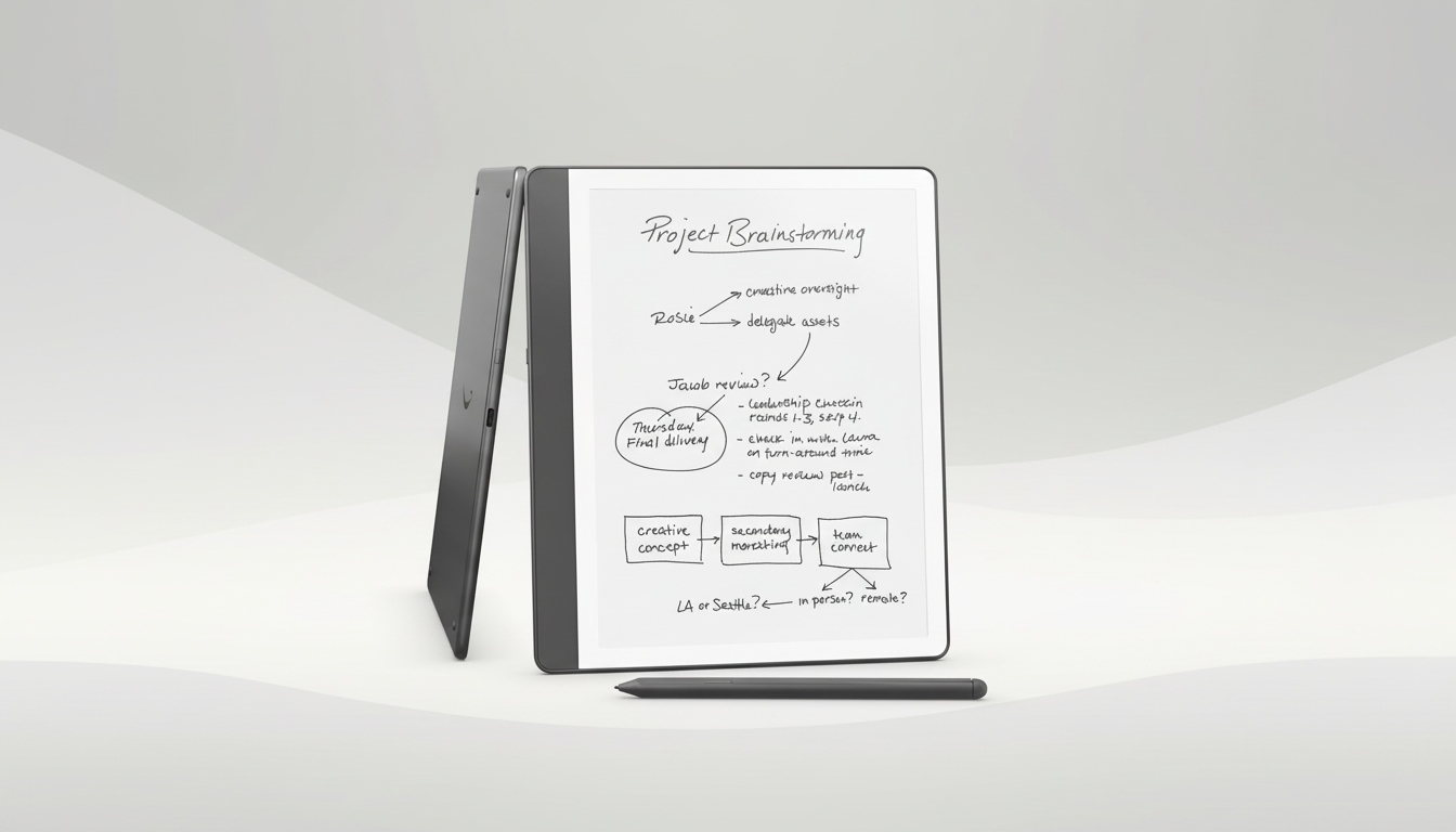 A reMarkable 2 tablet with a Project Brainstorming diagram on its screen, accompanied by its stylus, set against a professional flat gray background with a subtle gradient.