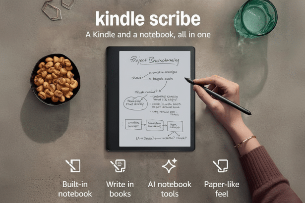 A professional , enhanced image of the Kindle S cribe with text kindle scribe and A Kindle and a notebook, all in one at the top. A hand is holding a stylus and writing on the Kindle ' s screen, which displays Project Brainstorming . Below the Kindle are four icons with text: Built -in notebook, Write in books , AI notebook tools, and Paper-like feel . The background is a clean , neutral tone , maintaining the original professional aesthetic .