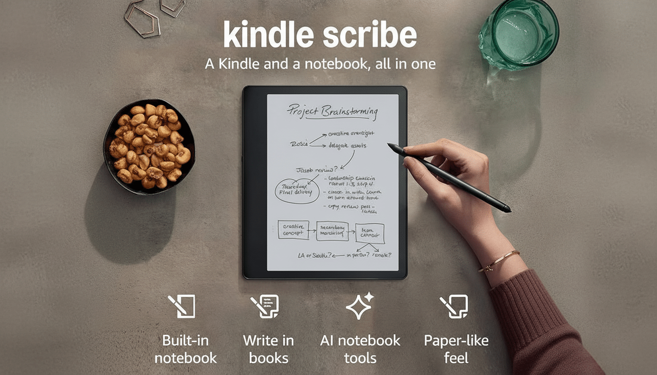 A professional , enhanced image of the Kindle S cribe with text kindle scribe and A Kindle and a notebook, all in one at the top. A hand is holding a stylus and writing on the Kindle ' s screen, which displays Project Brainstorming . Below the Kindle are four icons with text: Built -in notebook, Write in books , AI notebook tools, and Paper-like feel . The background is a clean , neutral tone , maintaining the original professional aesthetic .