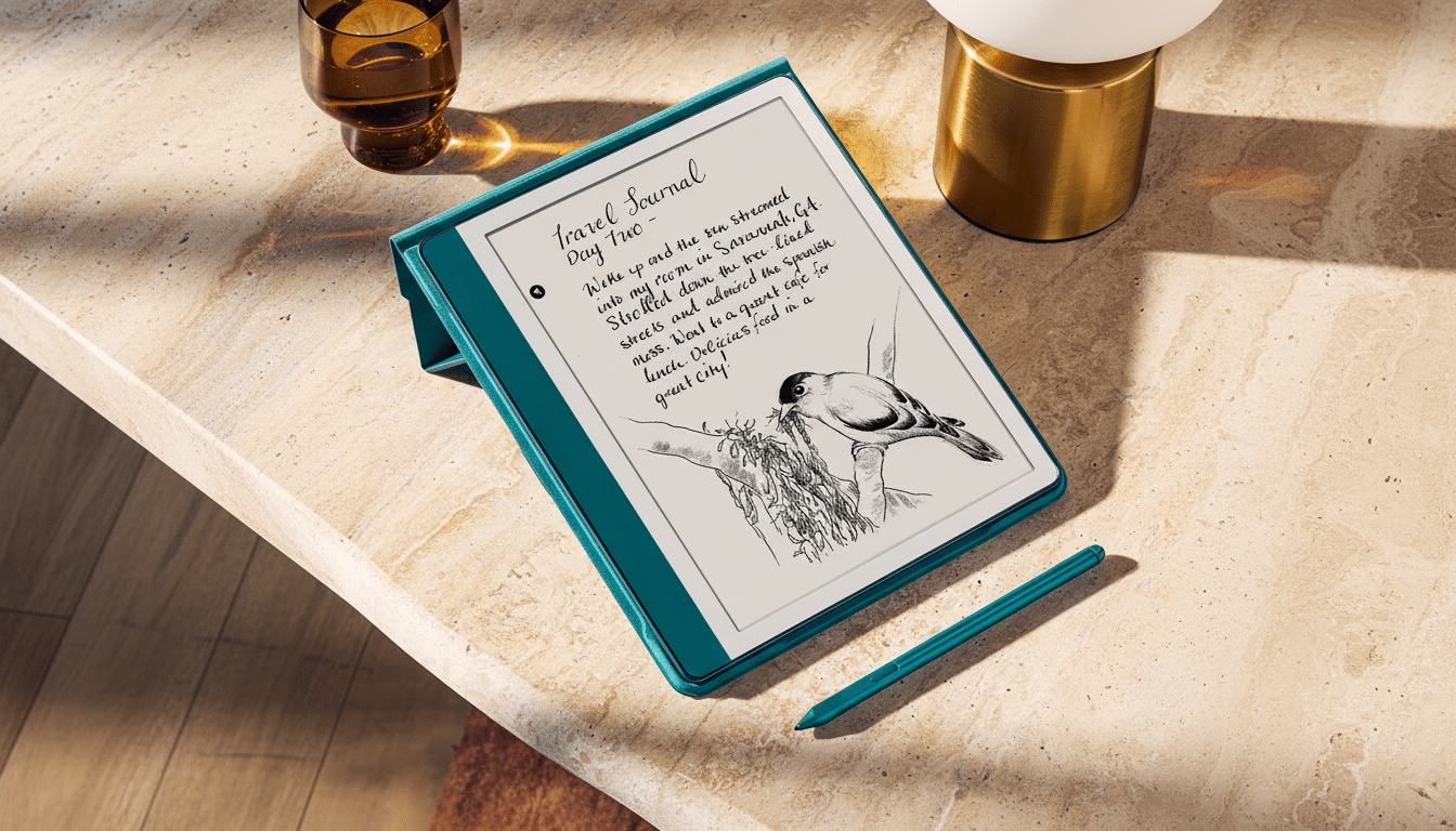 An e -reader displaying a travel journal entry with a bird illustration , resting on a textured light brown surface next to a teal stylus , a glass of water, and a small lamp. Filename : traveljournal ereader. png