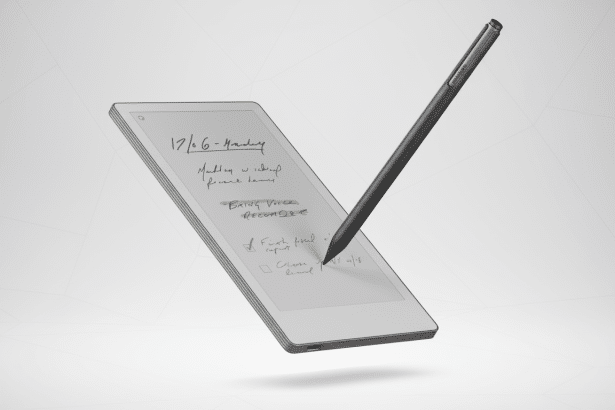 A professional shot of a digital notepad with a stylus, featuring handwritten notes on its screen. The background is a clean , professional flat design with subtle geometric patterns. Filename : digitalnotepad stylus professional . png
