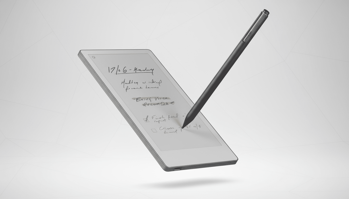 A professional shot of a digital notepad with a stylus, featuring handwritten notes on its screen. The background is a clean , professional flat design with subtle geometric patterns. Filename : digitalnotepad stylus professional . png