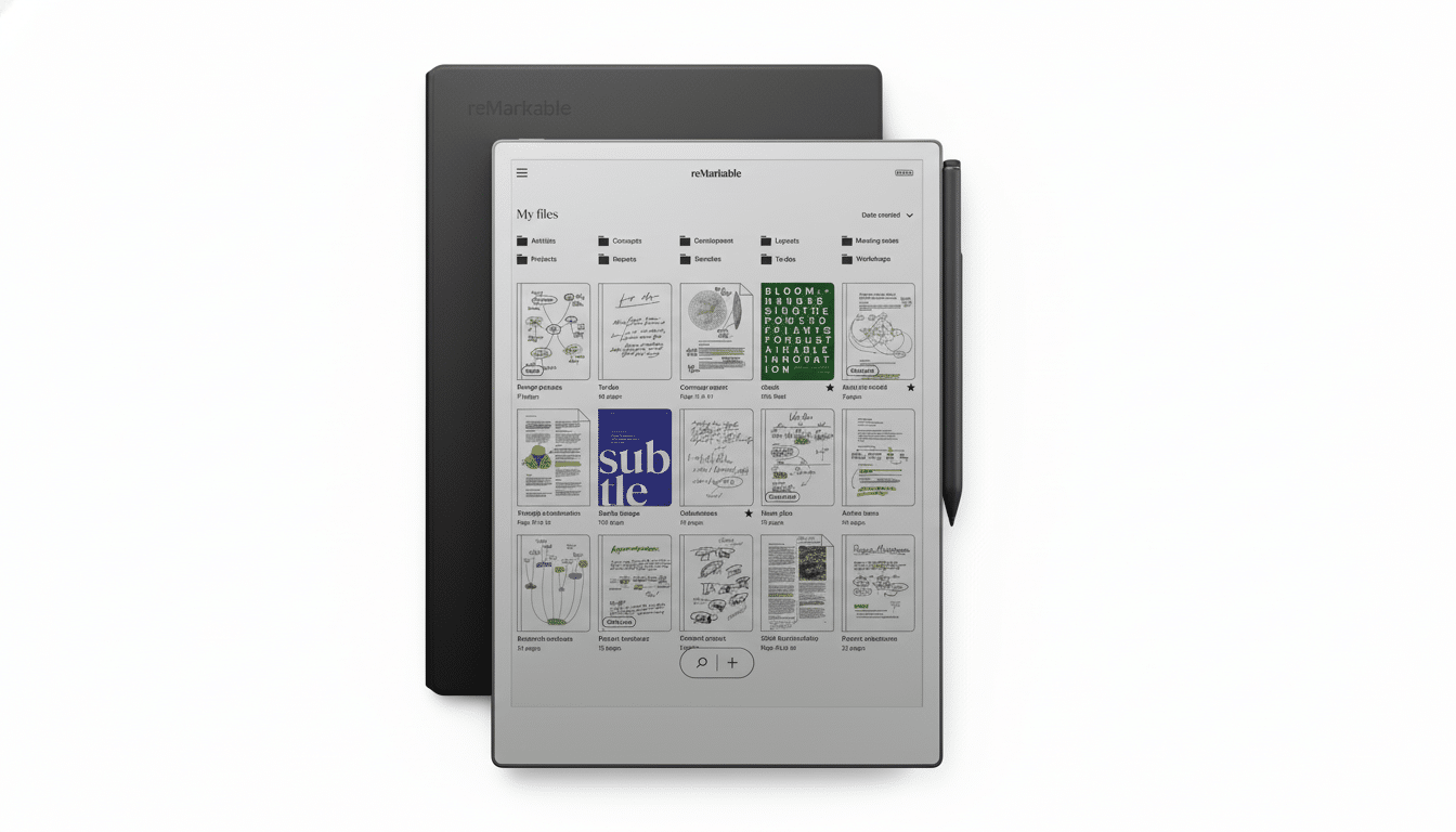 A re Markable 2 e-ink tablet and a reMarkable 1 behind it, with the tablet displaying a My files screen with various document thumbnails. A stylus is next to the reMark able 2.