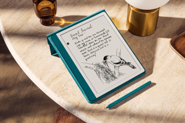 An e -note device displaying a handwritten travel journal entry with a bird illustration, accompanied by a teal stylus, all resting on a light -colore