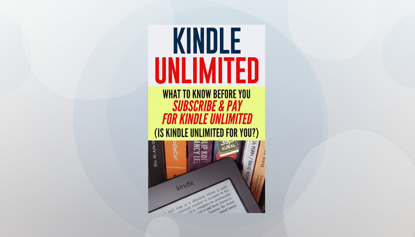 An image featuring a Kindle Unlimited advertisement above a Kindle device, set against a professional flat design background with soft patterns.