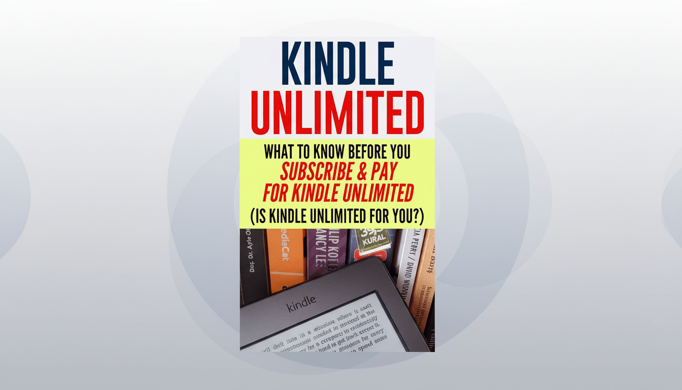 A Kindle e -reader positioned against a backdrop of colorful book spines, with  KINDLE UN LIMITED prominently displayed at the top in red and black text on a yellow banner. The background has been updated with a professional flat design featuring soft patterns .