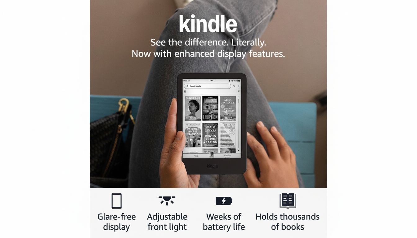 A person holding a Kindle e-reader, with text overlay advertising its features, resized to a 16:9 aspect ratio.