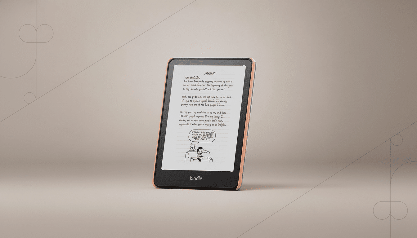 A Kindle e -reader displaying a page from Diary of a Wimpy Kid on a light brown background with subtle, abstract circular patterns in the corners.