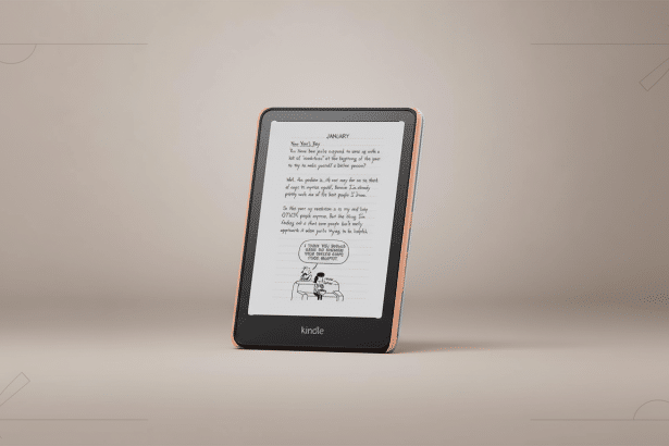 A Kindle e -reader displaying a page from Diary of a Wimpy Kid on a clean, professional background with soft patterns.
