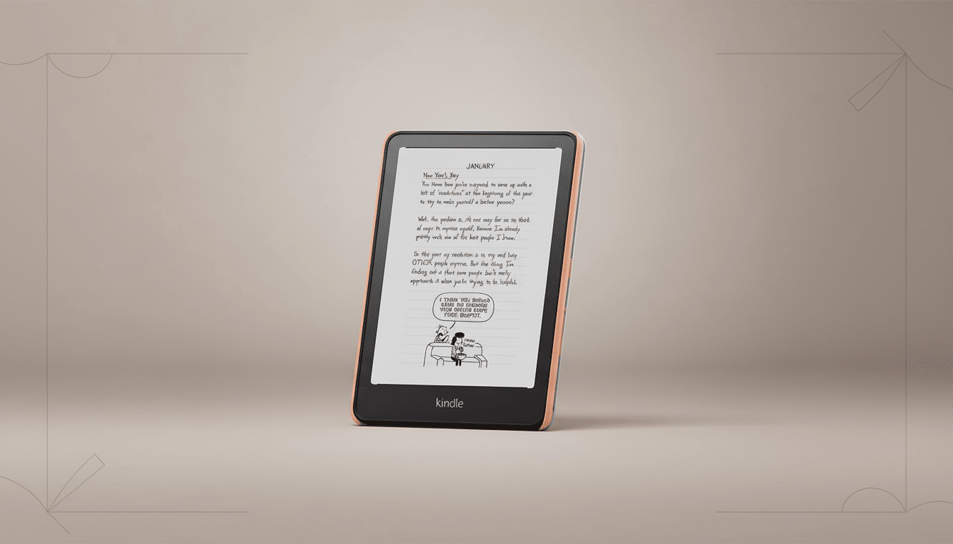 A Kindle e -reader displaying a page from Diary of a Wimpy Kid on a clean, professional background with soft patterns.