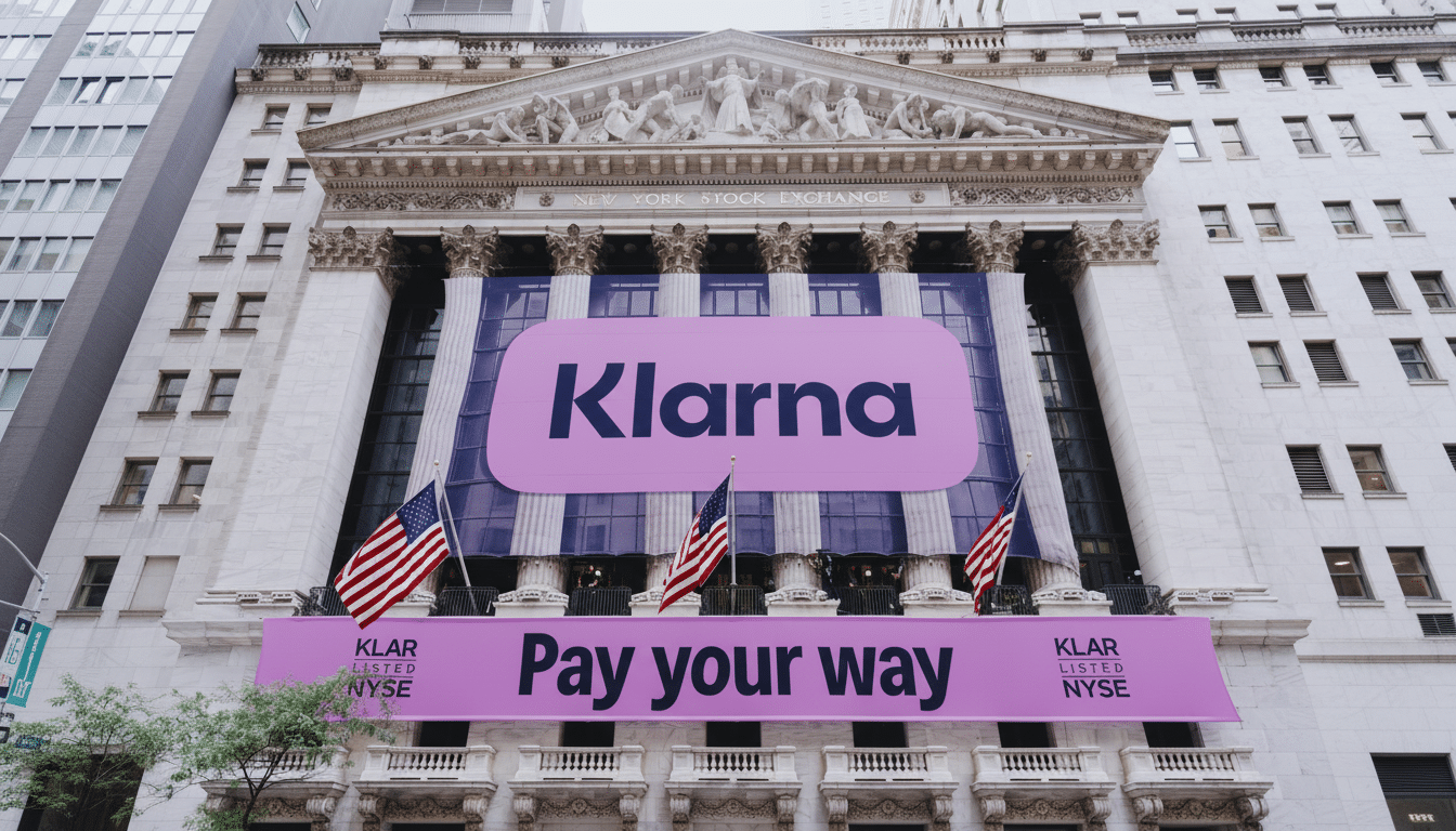 The Klarna logo and Pay your way banners are displayed on the New York Stock Exchange building, wi
