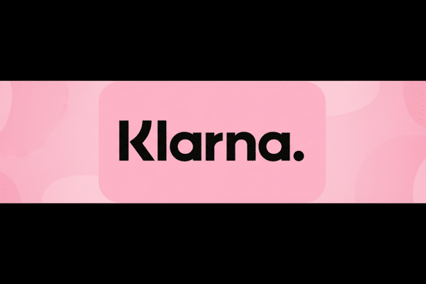 The Klarna logo, featuring the word Klarna. in black sans- serif font on a light pink rounded rectangle , centered against a background of soft pink gradients and subtle wave-like patterns .