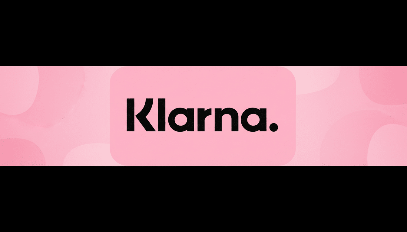 The Klarna logo, featuring the word Klarna. in black sans- serif font on a light pink rounded rectangle , centered against a background of soft pink gradients and subtle wave-like patterns .