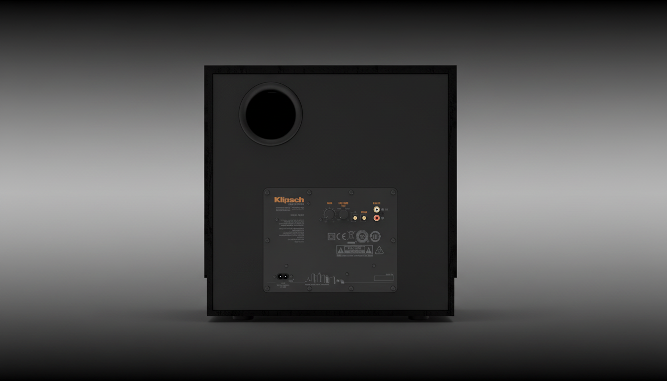 A black Klipsch subwoofer with its back panel facing forward, showcasing various audio input and control knobs, set against a professional flat gray background with a subtle gradient.