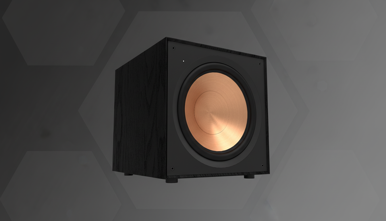 A black subwoofer with a copper-colored speaker cone, presented on a professional flat design background with soft gray hexagonal patterns and gradients.