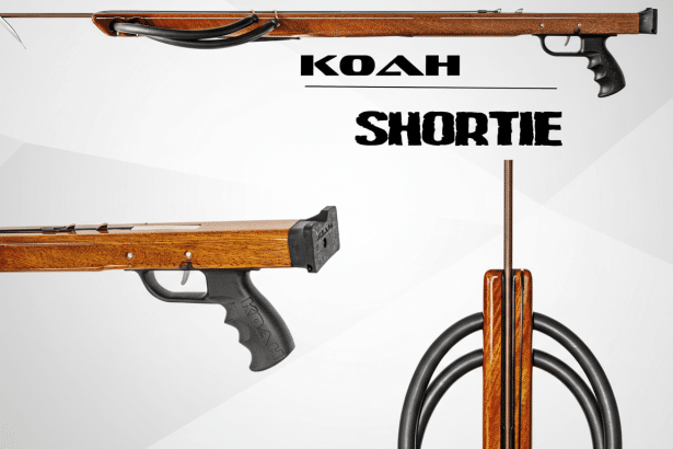 A 16: 9 aspect ratio image of a Koah Short ie spearg un, showcasing different angles of its wooden body and black rubber components, set against a pro