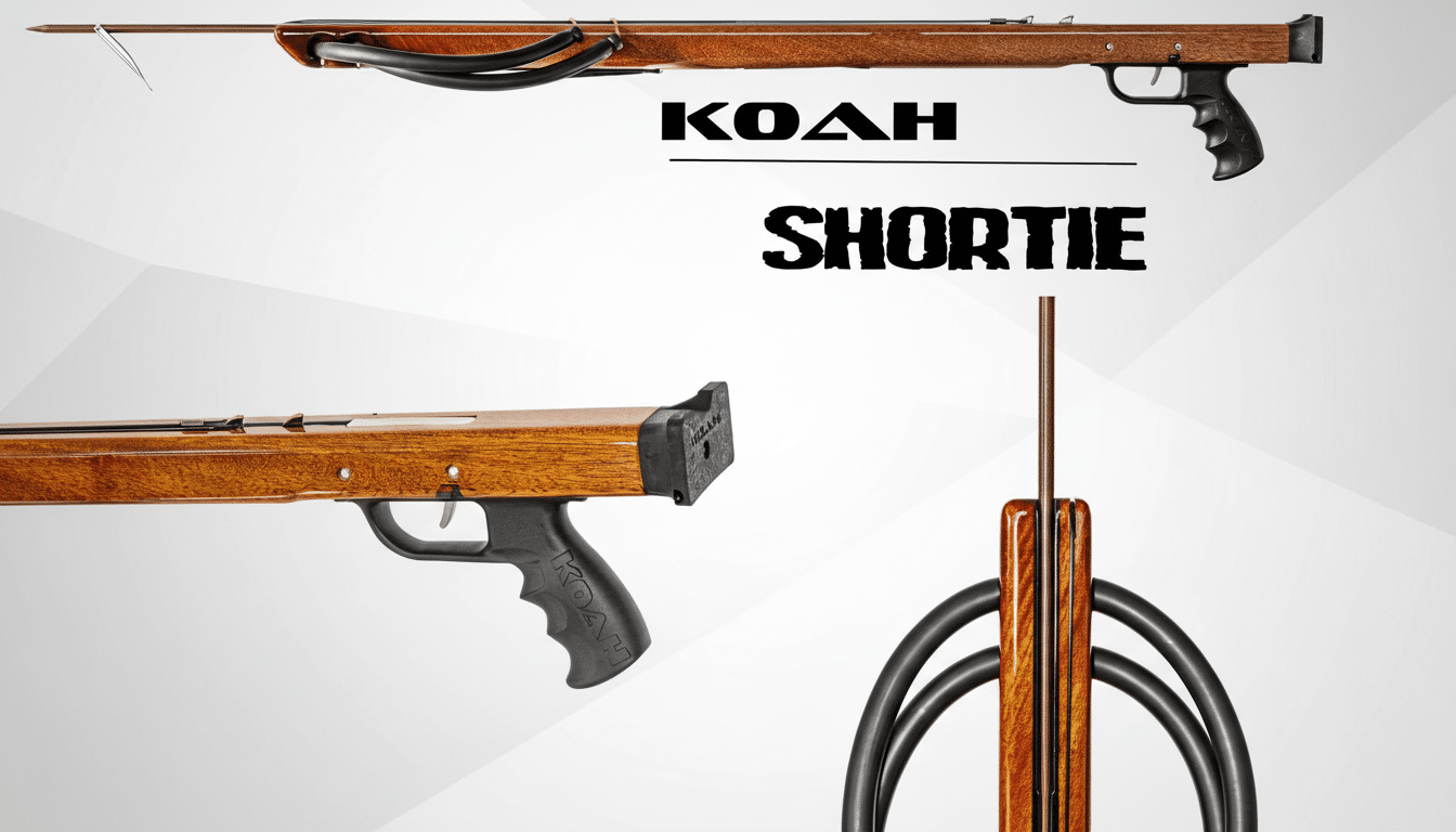 A 16: 9 aspect ratio image of a Koah Short ie spearg un, showcasing different angles of its wooden body and black rubber components, set against a pro