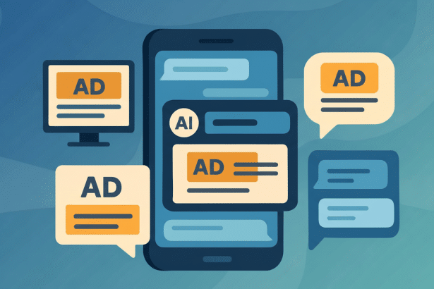 An illustration depicting various forms of digital advertising, including ads on a desktop monitor, within a mobile phone interface, and as speech bub