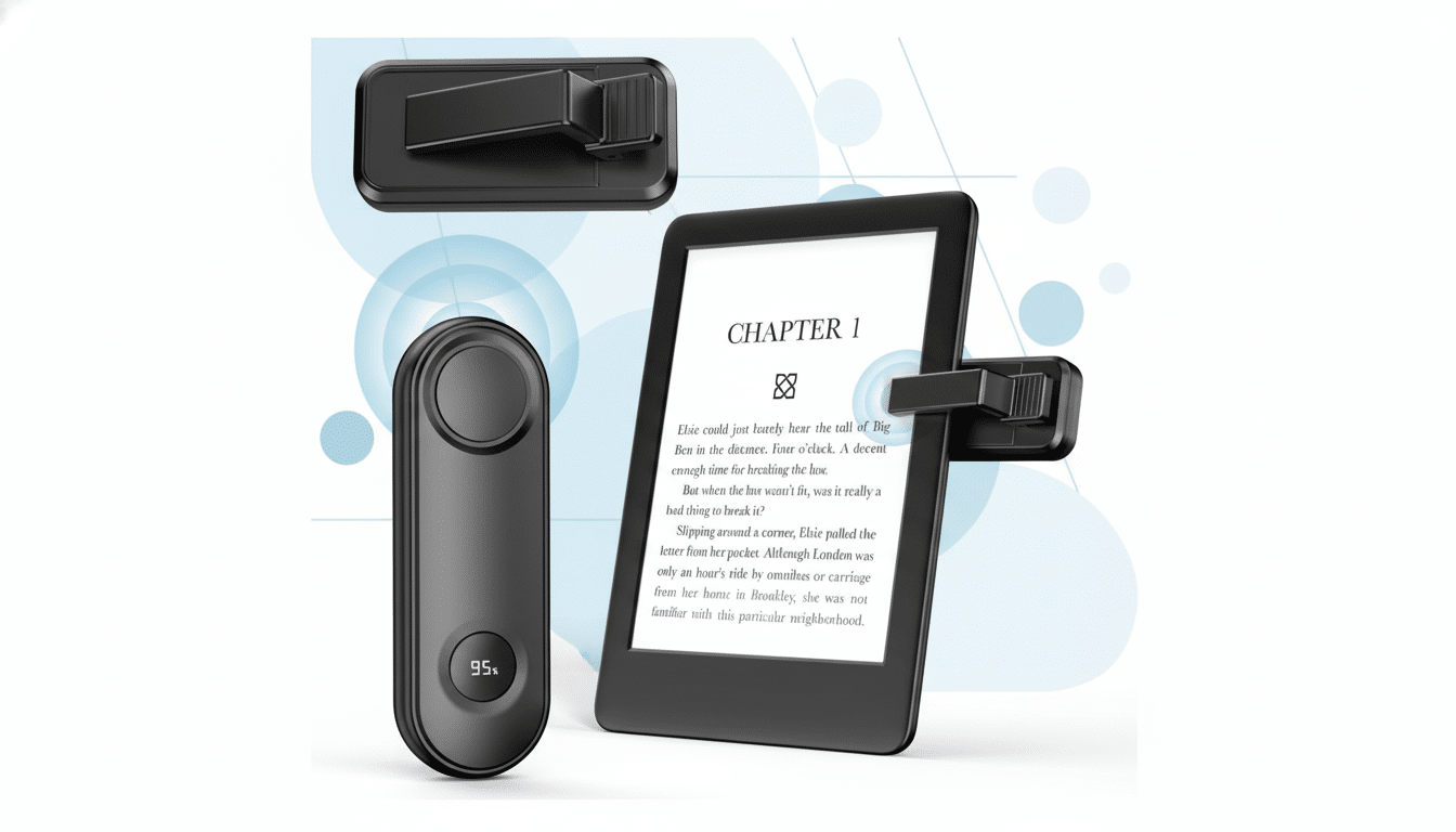 An e -reader with a clip - on light and a remote control for page turning , set against a professional blue and white gradient background.